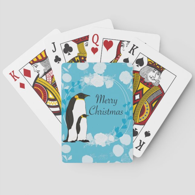 merry christmas, christmas,penguin,flowers,blue, playing cards (Back)