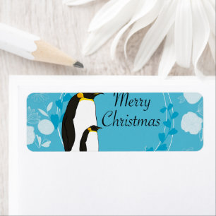 merry christmas, christmas,penguin,flowers,blue, return address label