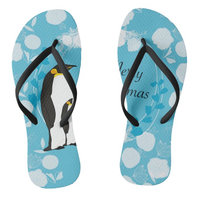 merry christmas, christmas,penguin,flowers,blue, thongs (Footbed)