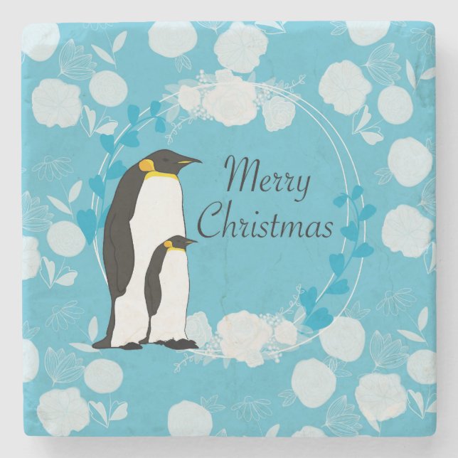 merry christmas, christmas,penguin,flowers stone coaster (Front)