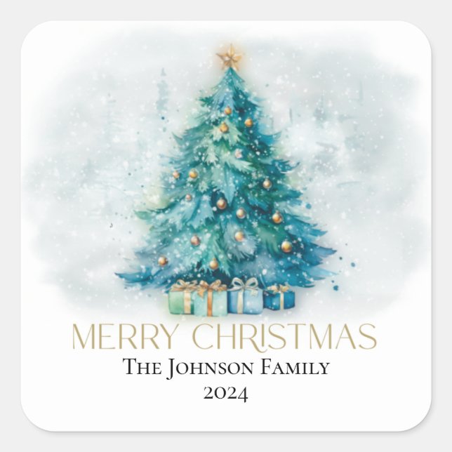 Merry Christmas Christmas Tree Gift Tag Sticker (Front)
