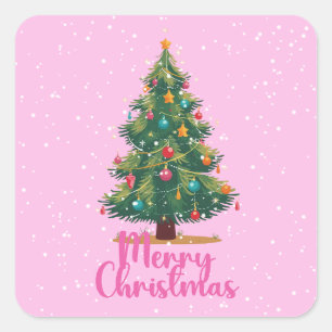 Merry Christmas, Christmas Tree, Holiday, Pink Square Sticker