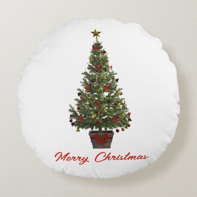 Merry Christmas. Christmas Tree Round Cushion (Front)