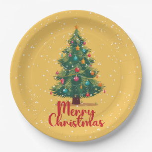 Merry Christmas, Christmas Tree, Snow, Holiday Paper Plate
