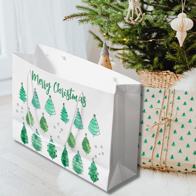 Merry Christmas Christmas Trees Green Large Gift Bag (Creator Uploaded)
