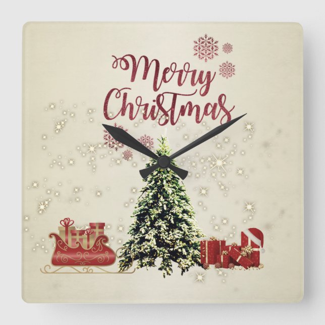 Merry Christmas,Christmas Trees ,Presents,Sleigh  Square Wall Clock (Front)