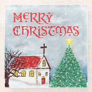 Merry Christmas Church and Christmas Tree in Snow Glass Coaster