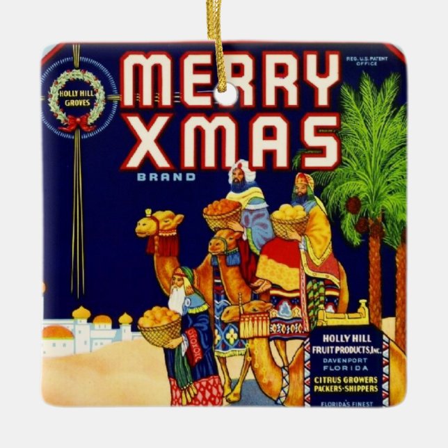 Merry Christmas Citrus Label Ceramic Ornament (Front)