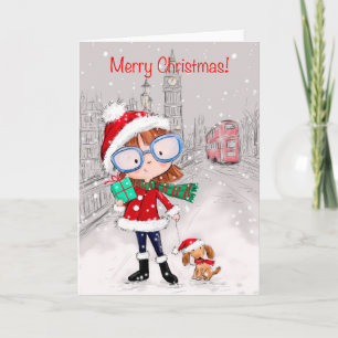 Merry Christmas, City Girl Walking her Dog Card