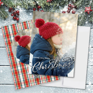 Merry Christmas Classic Calligraphy Red Plaid  Holiday Card