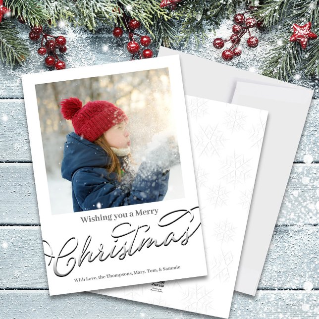 Merry Christmas Classic Calligraphy Silver Script  Holiday Card (Wishing you a Merry Christmas Holiday Photo Card)
