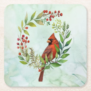 Merry Christmas Classic Cardinal Square Paper Coaster