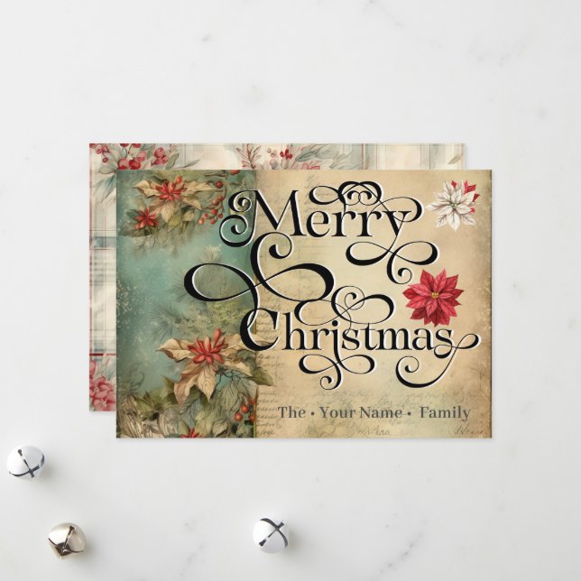 Merry Christmas Classic Chic Flowers Typography Holiday Card (Front/Back In Situ)
