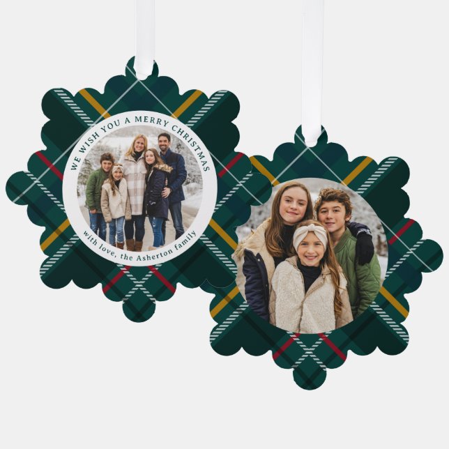 Merry Christmas classic green plaid two photo Tree Decoration Card (Front/Back)