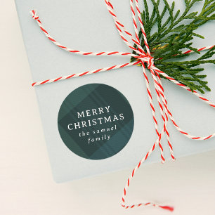 Merry Christmas classic holiday plaid personalised Round Sticker