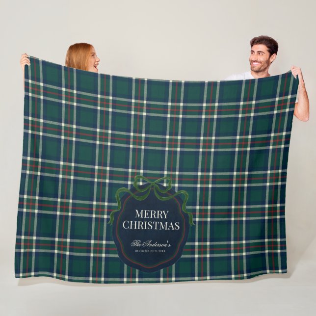 Merry Christmas Classic Preppy Tartan Plaid Fleece Blanket (In Situ)