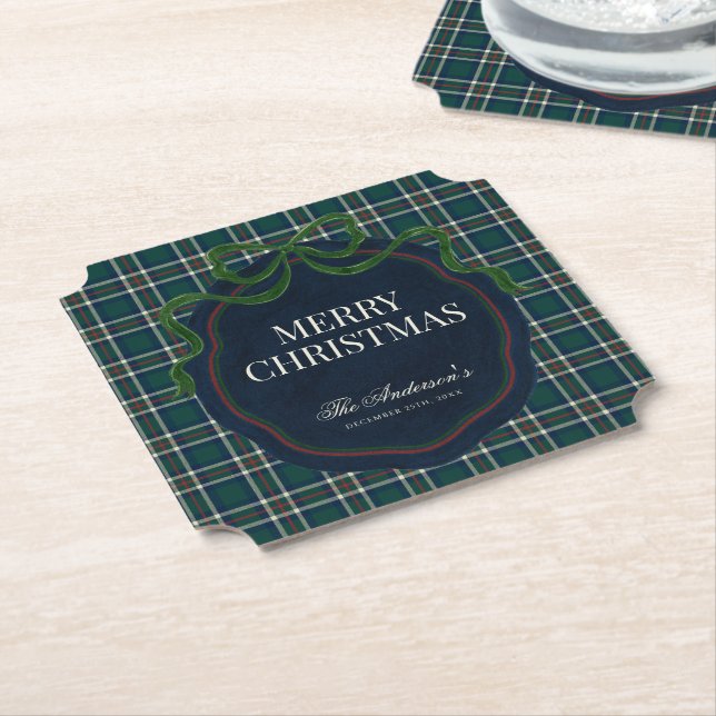 Merry Christmas Classic Preppy Tartan Plaid Paper Coaster (Angled)