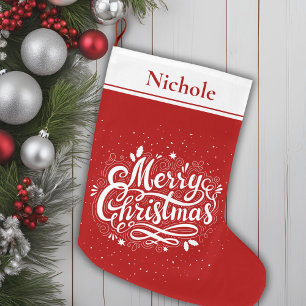 Merry Christmas Classic Red and White Personalised Large Christmas Stocking