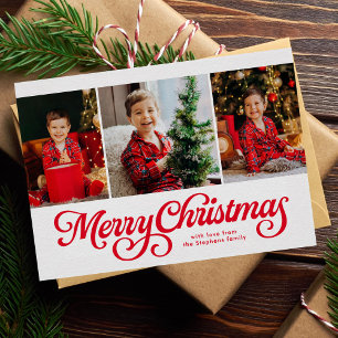 Merry Christmas classic red three photo Holiday Card