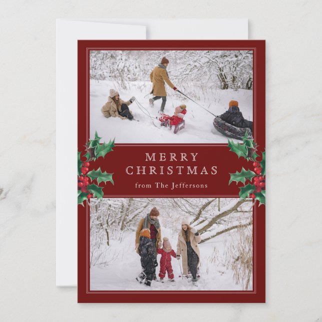 Merry Christmas Classic Red Two Custom Photo  Holiday Card (Front)