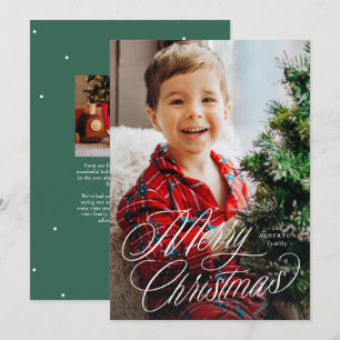 Merry Christmas classic script two photo green Holiday Card