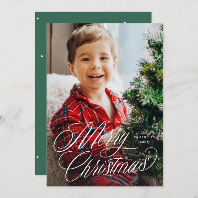 Merry Christmas classic script two photo green Holiday Card (Front/Back)