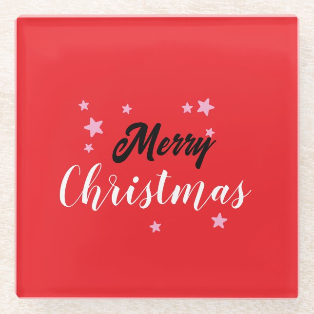 Merry Christmas Classical Unique Minimalist Plain Glass Coaster (Front)