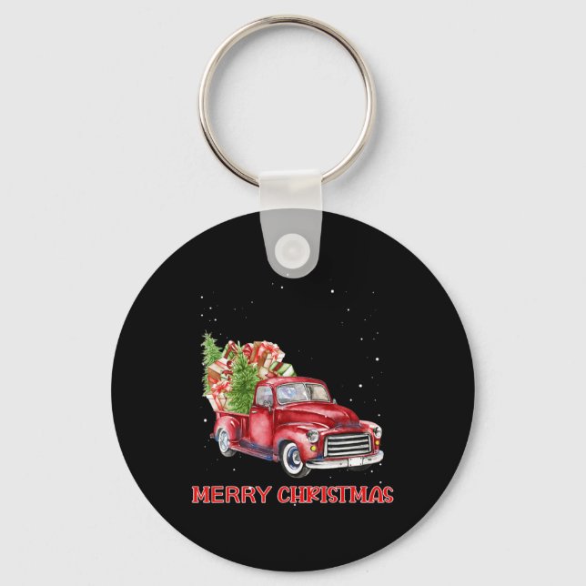 Merry Christmas Clic Red Truck Tree Family Xmas  Key Ring (Front)