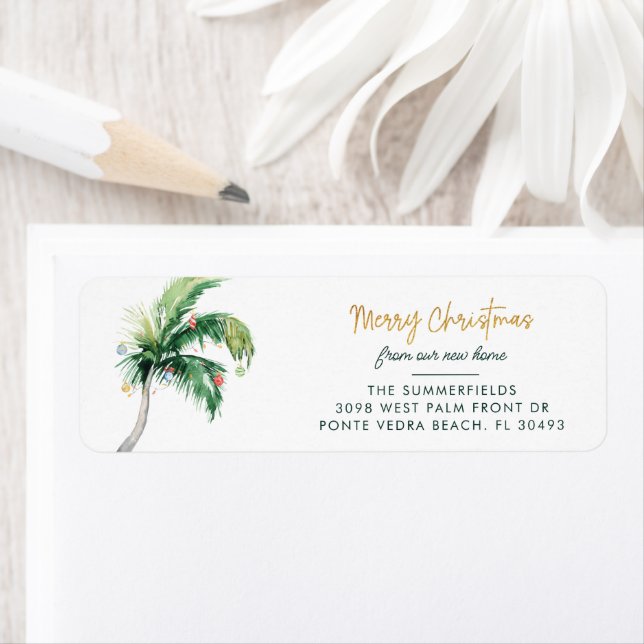 Merry Christmas Coastal Palm Tree Return Address Label (Insitu)
