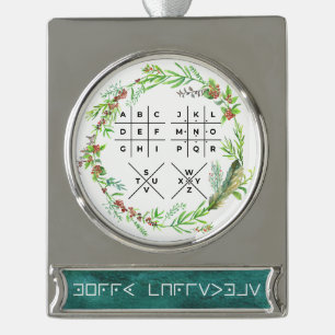 "Merry Christmas" coded with the Pigpen Cipher Silver Plated Banner Ornament