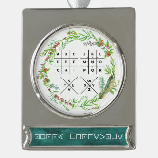 "Merry Christmas" coded with the Pigpen Cipher Silver Plated Banner Ornament