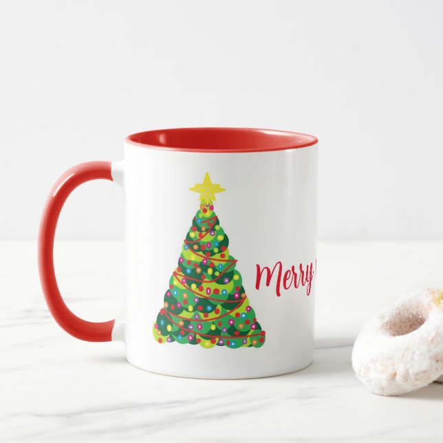 Merry Christmas Coffee Mug With Holiday Trees (With Donut)
