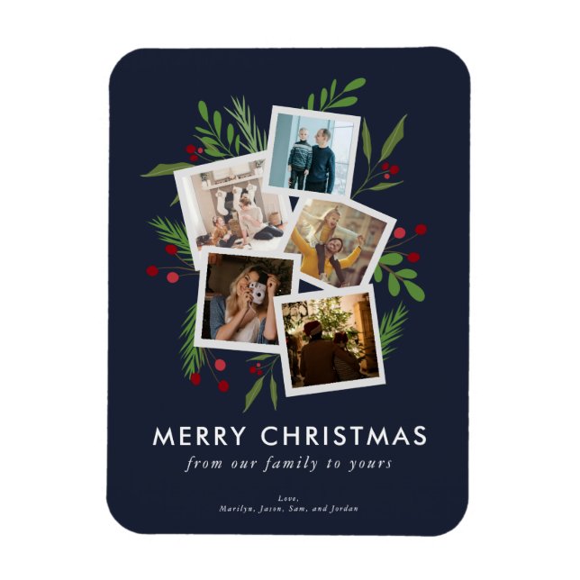 Merry Christmas Collage Custom Modern Holly Magnet (Vertical)