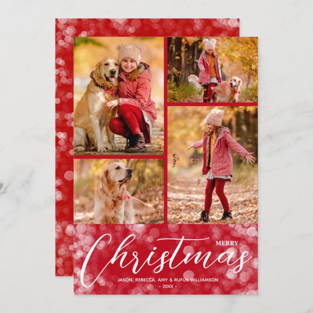 Merry Christmas Collage Multi-Photo Red Holiday Card (Front/Back)