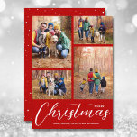 Merry Christmas Collage Multi-Photo Red Holiday Card<br><div class="desc">Upload your favourite 4 photos to this Christmas photo card that features Merry Christmas and your names in chic white lettering on a red background. Select Matte for heaviest paper and High Definition for best photo quality. MORE COLORS done for you in our store.</div>
