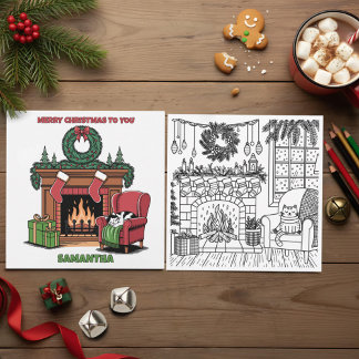 Merry Christmas Color Me Fireplace & Stockings Holiday Card