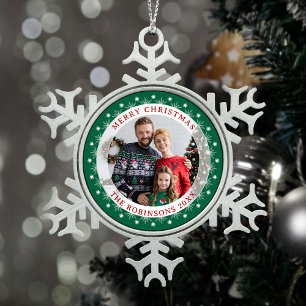 Merry Christmas Colorful Elegant Family Photo Snowflake Pewter Christmas Ornament