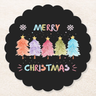 Merry Christmas Colorful Trees Essential Paper Coaster