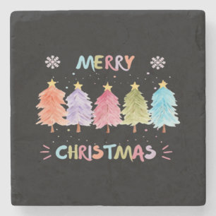 Merry Christmas Colorful Trees Essential Stone Coaster