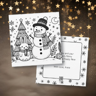 Merry Christmas Colour Me   Snowman and Bunny Holiday Card