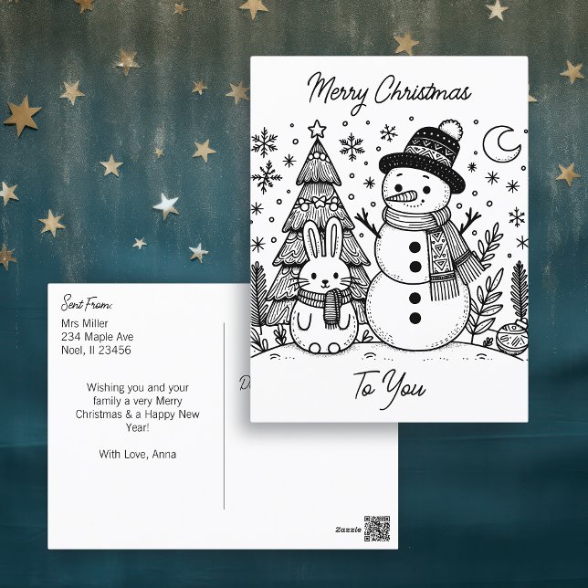 Merry Christmas Colour Me | Snowman and Bunny Postcard (Creator Uploaded)