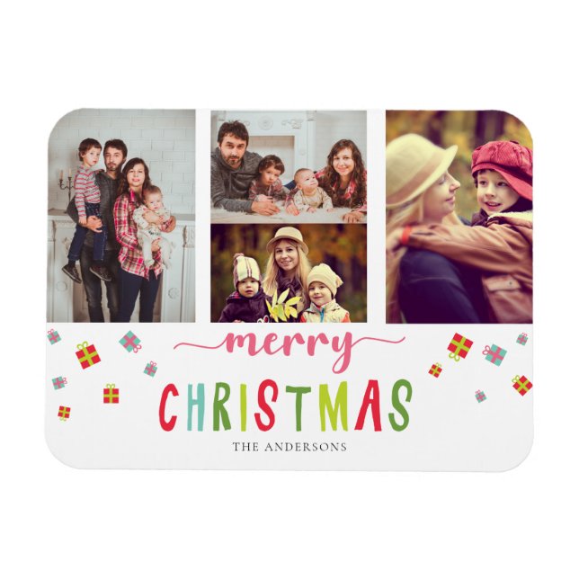 Merry Christmas Colourful 3 photo collage Gift box Magnet (Horizontal)