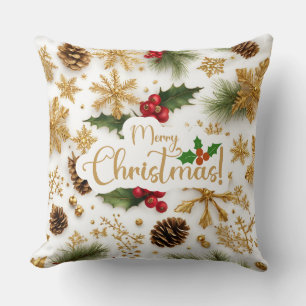 Merry Christmas Colourful Berries, Golden Snowflak Cushion