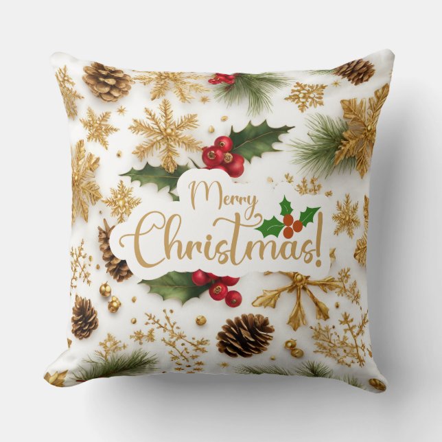 Merry Christmas Colourful Berries, Golden Snowflak Cushion (Front)