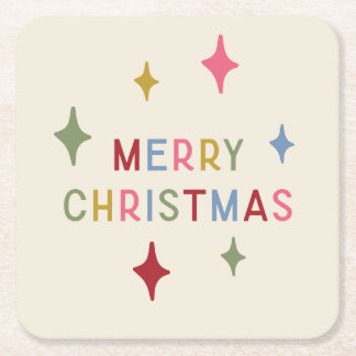 Merry Christmas Colourful Mod Typography Square Paper Coaster