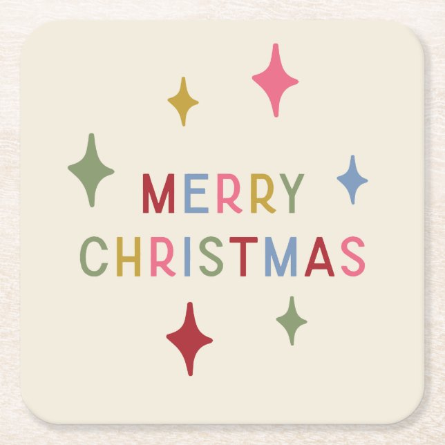 Merry Christmas Colourful Mod Typography Square Paper Coaster (Front)