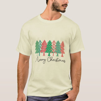 Merry Christmas - Colourful Patterned Trees T-Shirt