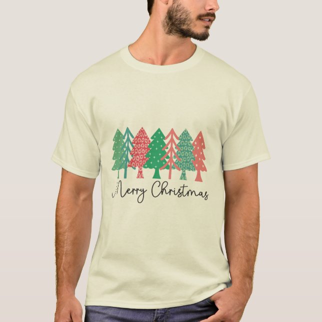 Merry Christmas - Colourful Patterned Trees T-Shirt (Front)