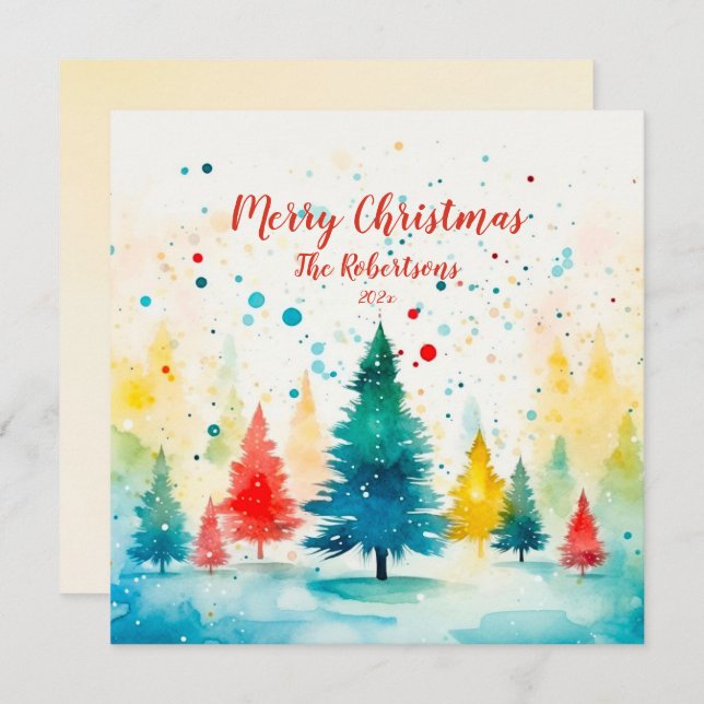 "Merry Christmas" Colourful Pine Trees  Holiday Card (Front/Back)