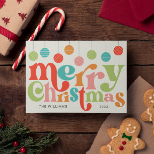 Merry Christmas Colourful Retro Ornaments Holiday Card